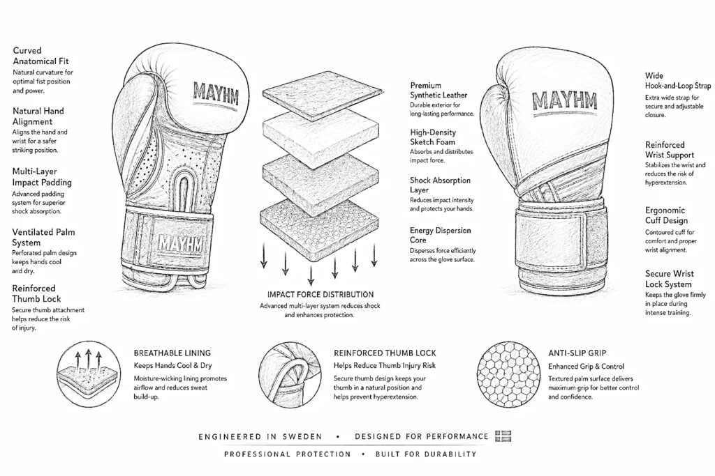 Technical sketch of MAYHM premium boxing gloves showing multi-layer impact protection, reinforced wrist support, breathable lining, thumb lock system, and ergonomic combat sports design.