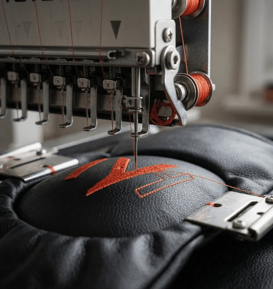 Embroidery machine stitching a custom logo onto a premium boxing glove during private label combat sports equipment manufacturing.