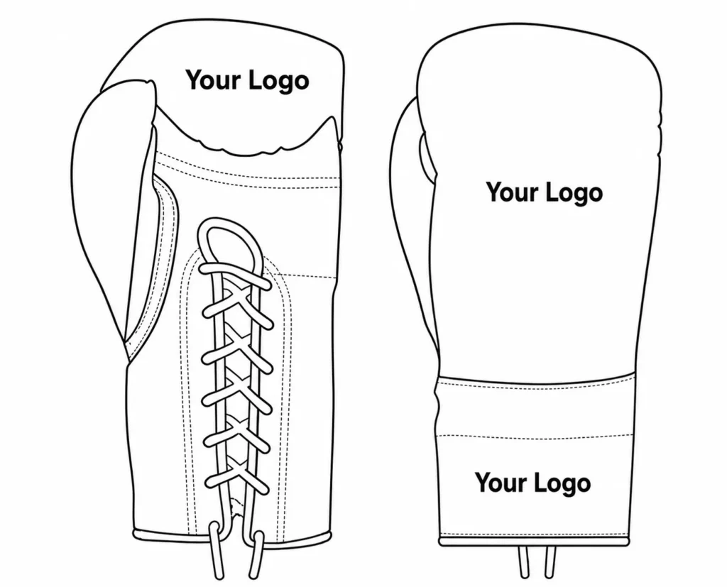 Custom boxing gloves logo placement template showing front and back views for private label boxing glove branding and club customization.