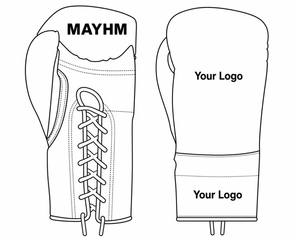 MAYHM co-branded boxing gloves with custom logo placement template showing front and back branding areas for boxing clubs and gyms.