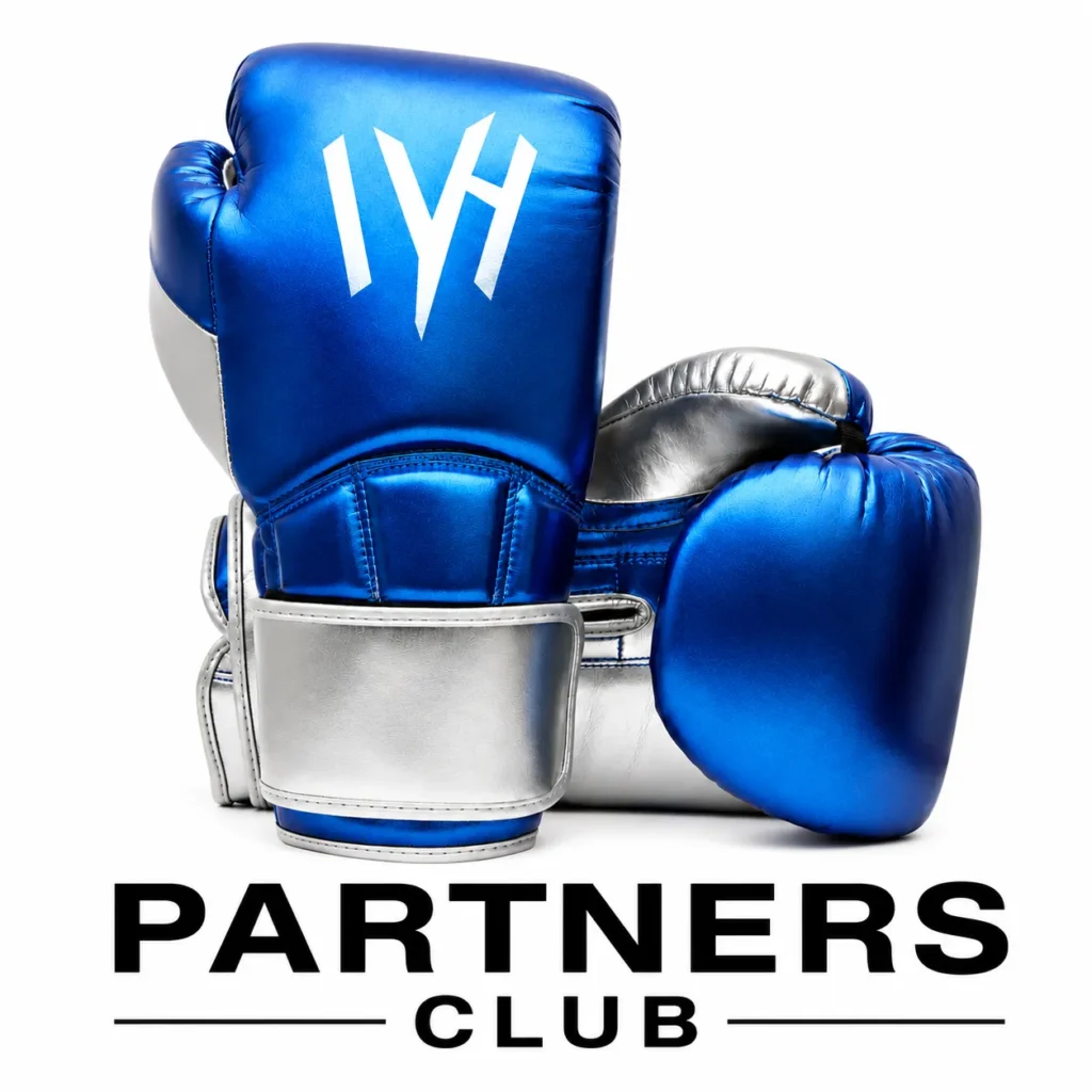 MAYHM Partners Club premium blue boxing gloves promoting partnership opportunities for boxing clubs, gyms, and combat sports businesses.