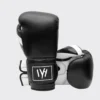 MAYHM Premium Boxing Gloves MAYHM black and white training boxing gloves with hook-and-loop wrist closure for boxing, fitness training, bag work, and sparring.