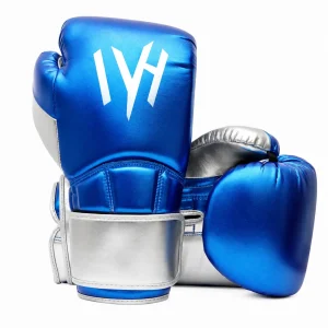 Metallic blue and silver boxing gloves with secure wrist support designed for boxing training, sparring, and combat sports workouts.