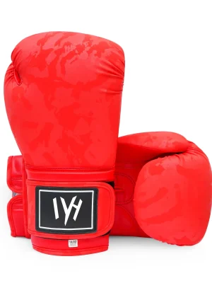 Red camouflage boxing gloves with Velcro wrist support designed for boxing training, sparring, and fitness workouts.